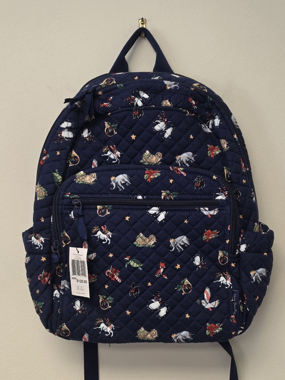 Vera Bradley Snow Globe Motifs Animals Christmas Campus Backpack Navy Blue